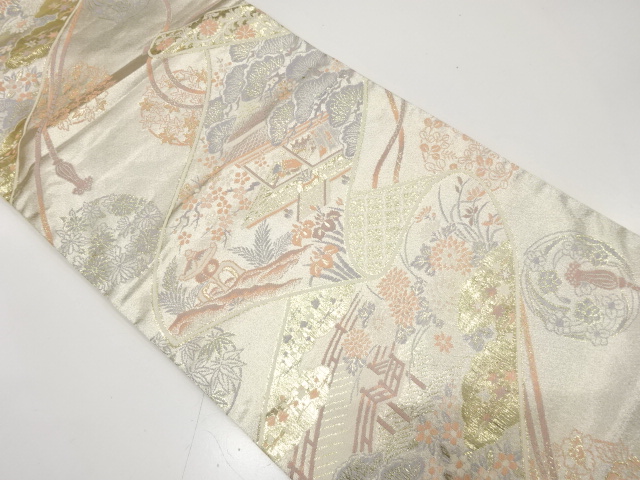 JAPANESE KIMONO / ANTIQUE FUKURO OBI / SILK / WOVEN SCROLL